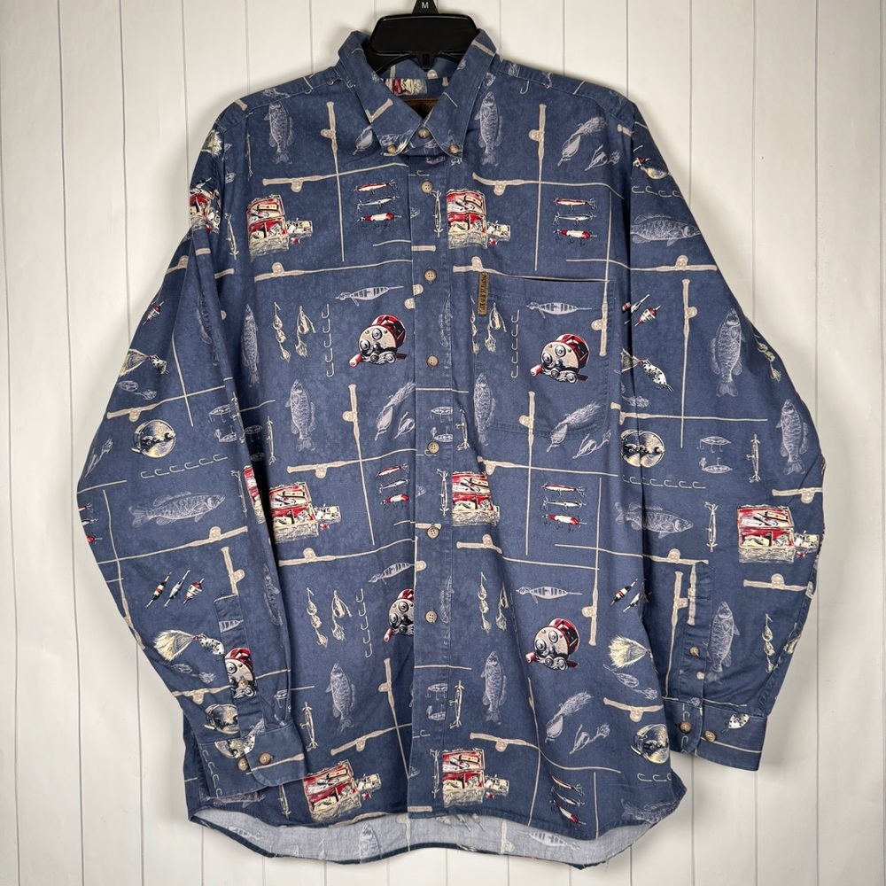 North River Fisherman’s Button Down Shirt Fishing Reel & Lure Print Cotton Large